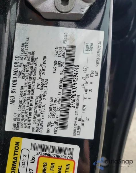 2017 Ford Fusion Se z USA, uszkodzony, nr VIN 3FA6P0HD7HR294740